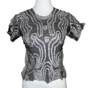 Hugging Kisses Women's Mesh Crinkle Mesh Sheer Abract Print Shirt M